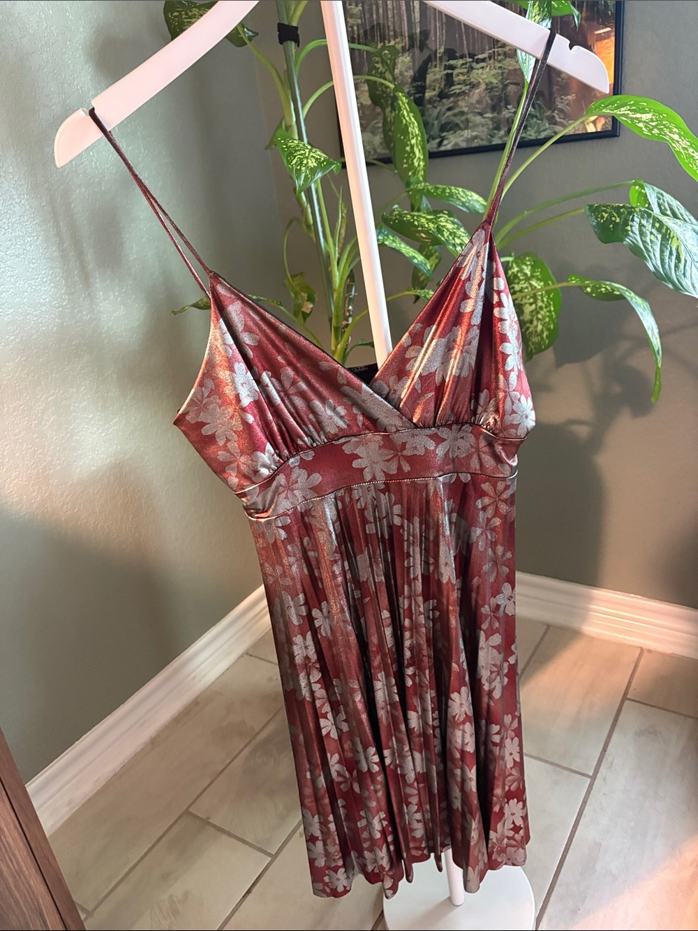 Rust Floral Satin Slip Mini Dress with Silver Accents